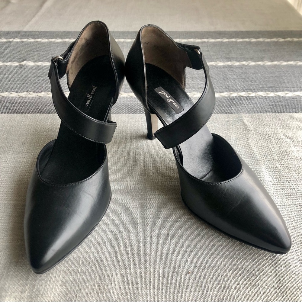 Paul Green Black Leather Pointed-Toe Strappy Heels